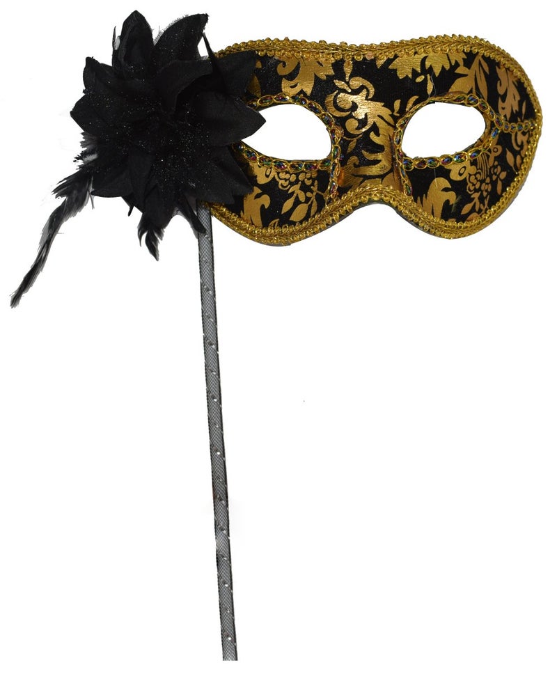 AZYOUNG Woman's Christmas Halloween Black Purple Red White Feather Flower Plastic Masquerade Mask on Stick,(Black) - Image 1